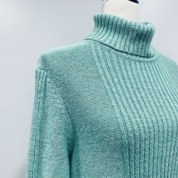SUNDANCE L Turquoise Toasty Tweed Rib Knit Turtleneck Sweater Soft Cozy Winter - Picture 4 of 16